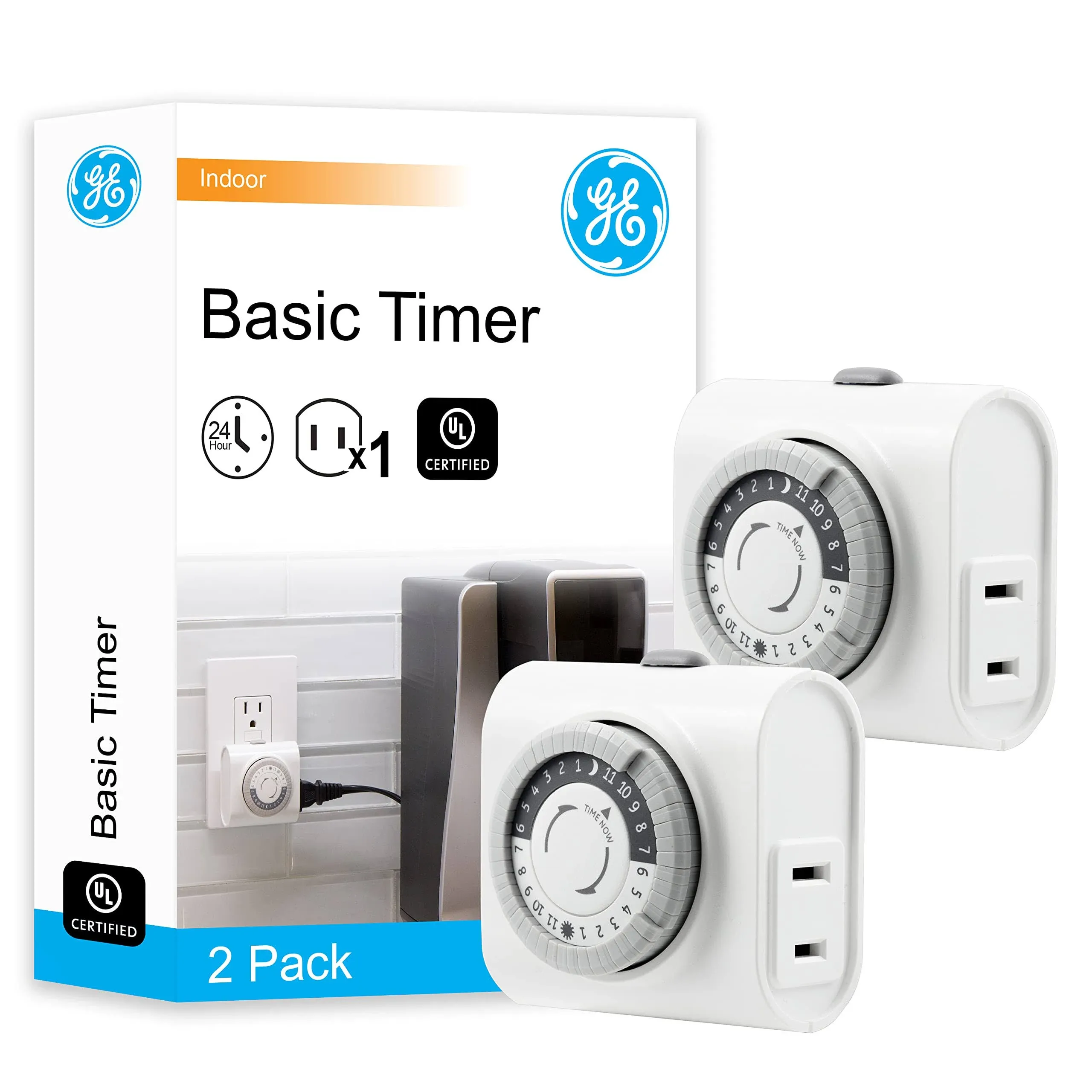 GE 24-Hour Indoor Plug-In Outlet Timer, 1 Polarized Outlet, Timers for Electrical Outlets Indoor, Light Timers Indoor, 30 Minute Intervals, Daily ON/OFF Cycle, Christmas Tree Timer, 2 Pack, 56177