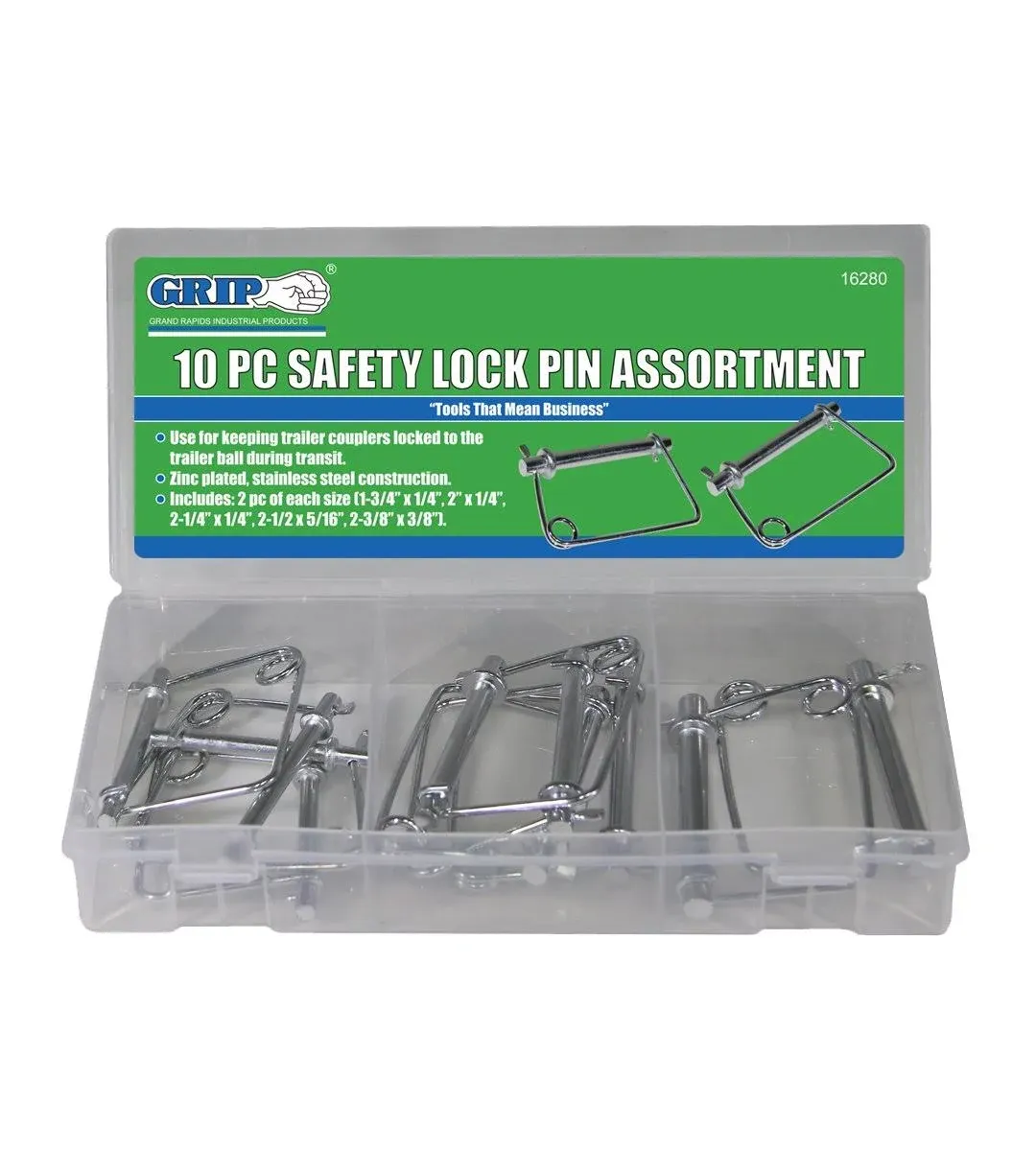 Grip 16280 Square Safety Lock Pin PTO Spring Coupler Assortment, 10pc