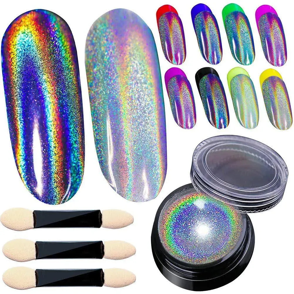 Holographic Nail Powder Holo Powder for Nails Chrome Nail Powder Rainbow Unicorn Mirror Effect Glitter Dust Multi Manicure Pigment Nail Art DIY Deco with Sponge Tool/3pcs, 0.04oz/1g