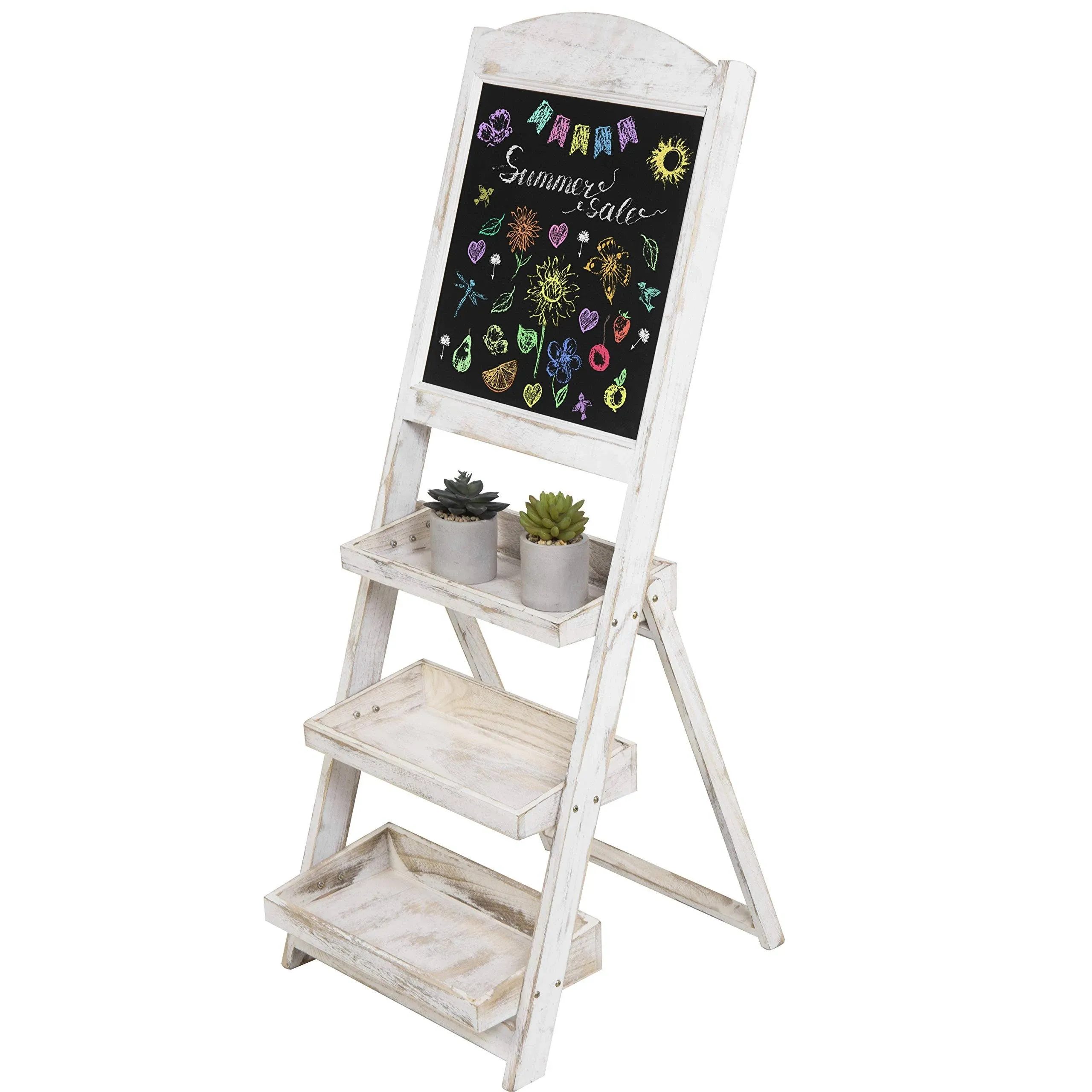 MyGift Shabby Whitewashed Wood Freestanding Chalkboard Easel with 3-Tiered Display Shelves, Decorative Chalkboard Plant Shelf Stand