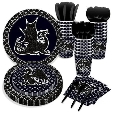 CC HOME Dragon Party Themed Party Supplies Pack Black Dragon Party Decorations Party Pack- Serves 16 - Includes Dragon Party Plates Cups Napkins