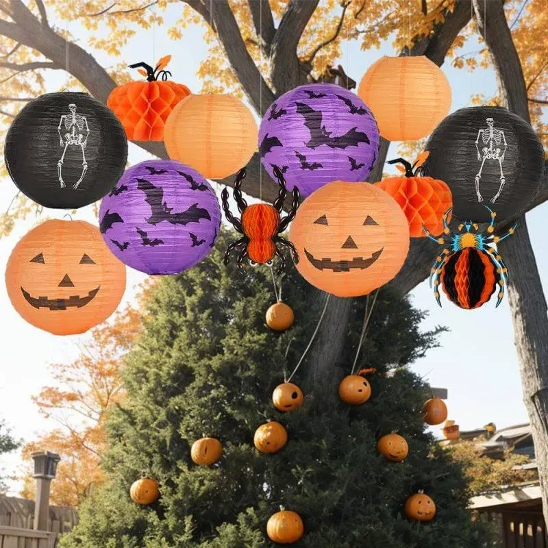 12pcs Halloween Hanging Decorations Paper Lanterns with 12 LED Lights Jack-O ...