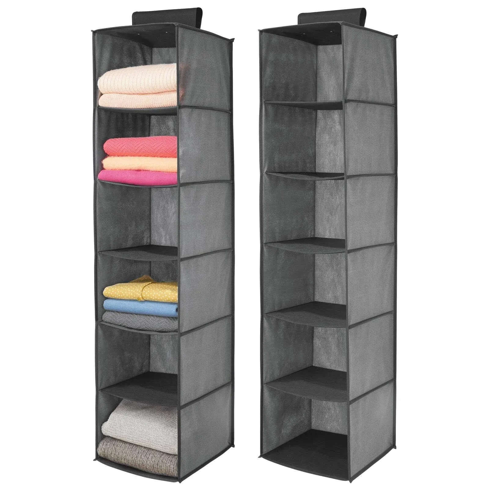 mDesign Long Soft Fabric Over Closet Rod Hanging Storage Organizer with 6 Shelves for Clothes, Leggings, Lingerie, T Shirts - Textured Print with Solid Trim - 2 Pack - Charcoal Gray/Black