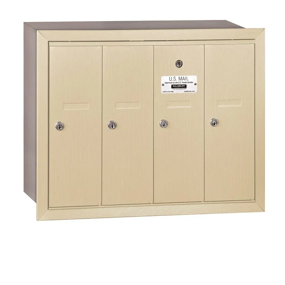 Salsbury Industries 3504SRU Vertical Mailbox - 4 Doors - Sandstone - Recessed Mounted - USPS Access