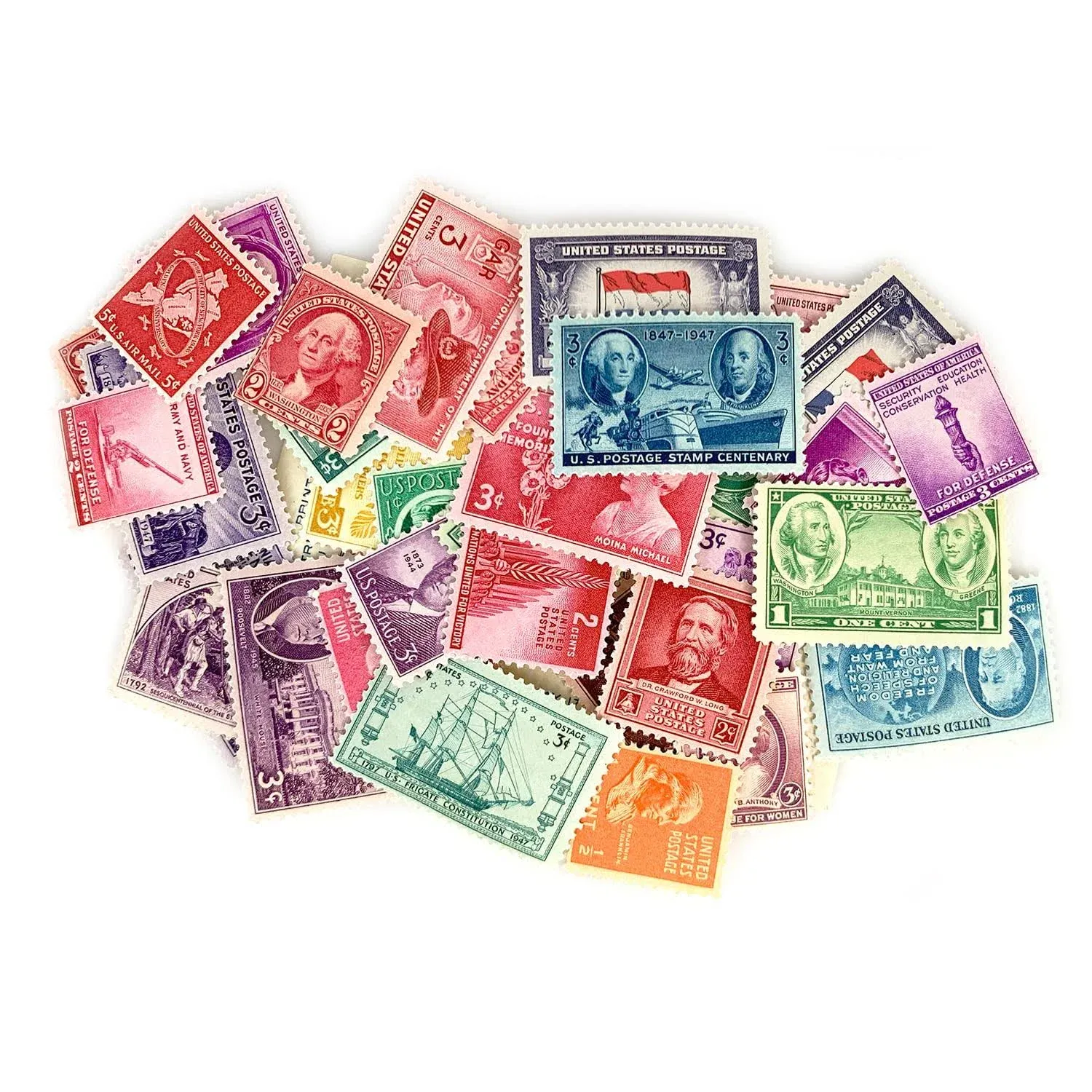 American Coin Treasures 40 U.S. Postage Stamps from The 1910's, 1920's, 1930's and 1940's, Mint State Condition, Various Denominations and Postal Rates, Perforated Edges