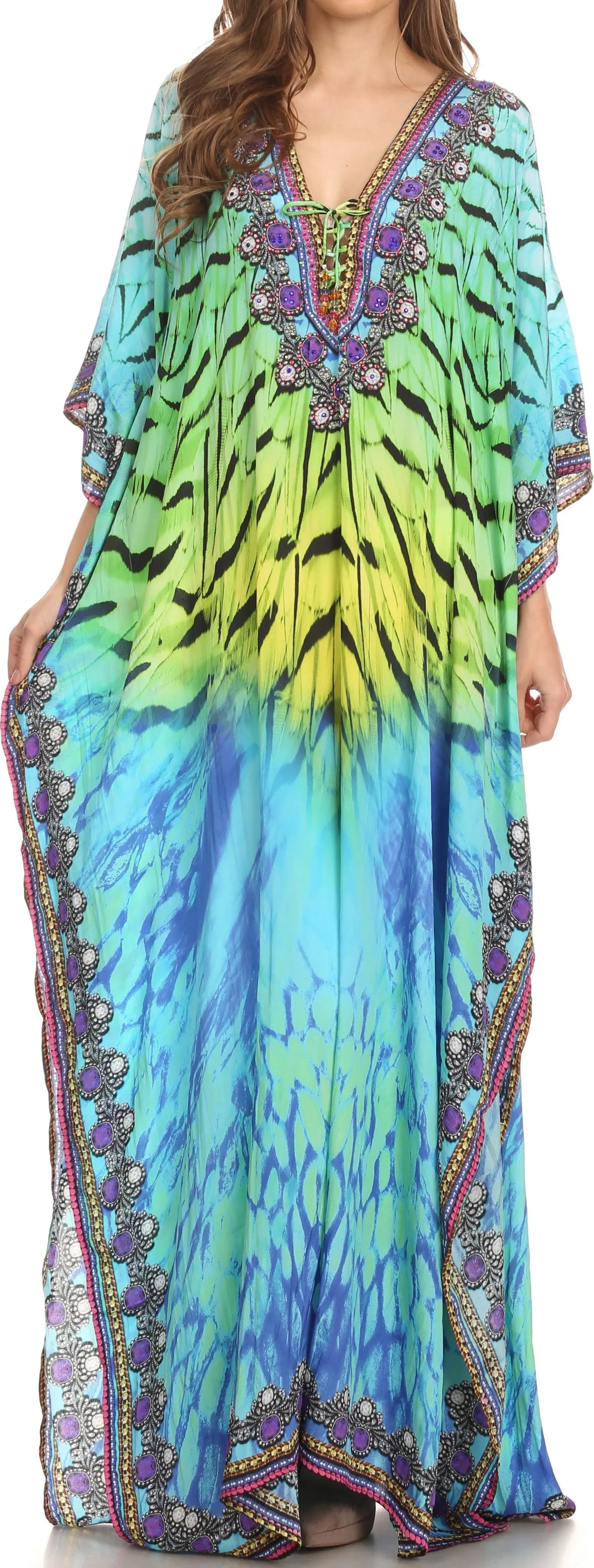 Sakkas Georgettina Flowy Rhinestone V Neck Long Caftan Dress/Cover Up