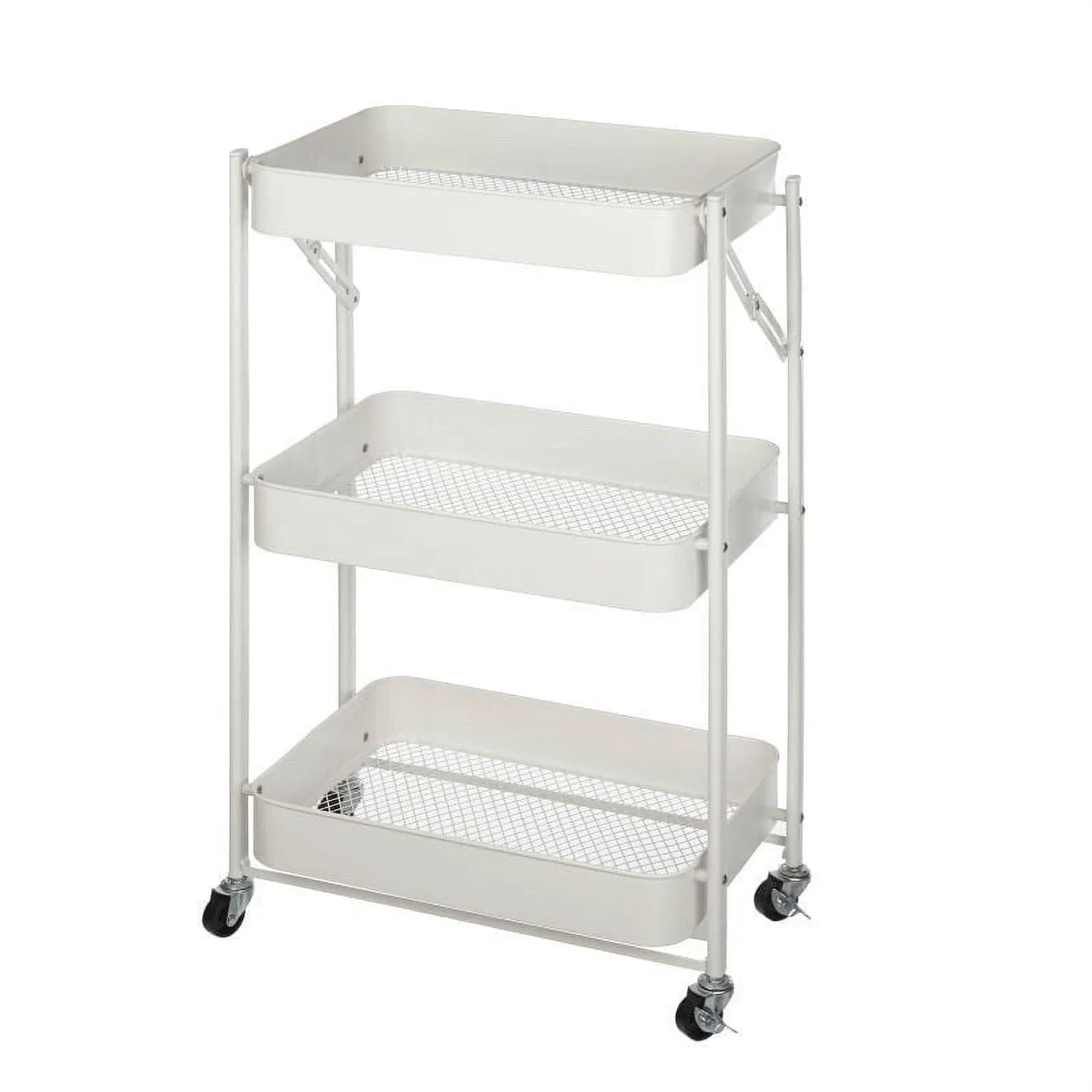 3 Tier Foldable Metal Rolling Storage Utility Cart, No Tools Assembly, White