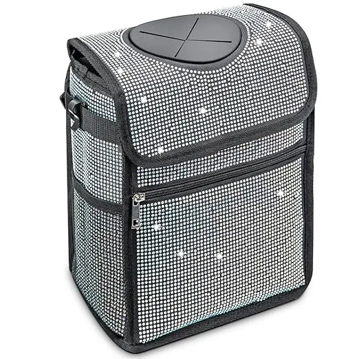 Ovege Car Trash Can (Upgrade Rhinestones Setting) with Lid and Storage Pocket Car Interior Waterproof Car Garbage Can Car Cooler Bling Cute Car Accessories for Men Women Teens Gift (Large, 3 gallons)