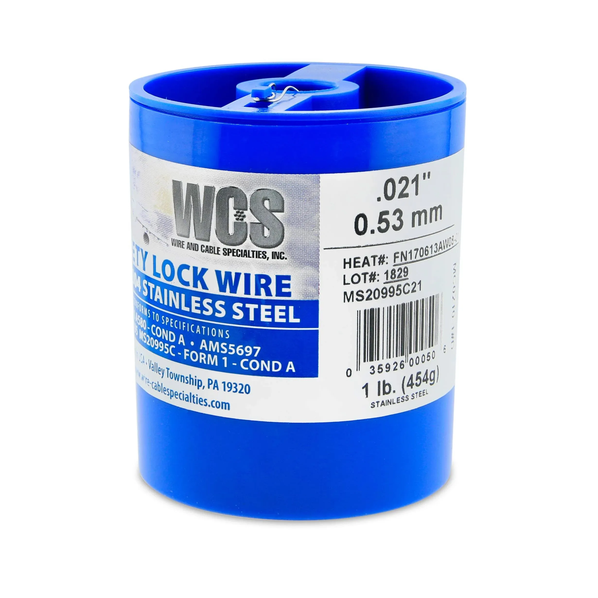 Lock Wire, T302/304 Stainless, NASM20995, MS20995C, ASTM A580 Cond A, AMS5697, 021 in (0.53 mm), 1 lb (0.45 kg) Dispenser Can, Approx. 840 ft (256 m)