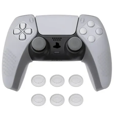 PlayVital 3D Studded Edition Ergonomic Soft Controller Silicone Case Grips for ps5 Compatible with Charging Station Rubber Protector Skins with 6 Thumbstick Caps for ps5 Controller – Clear White