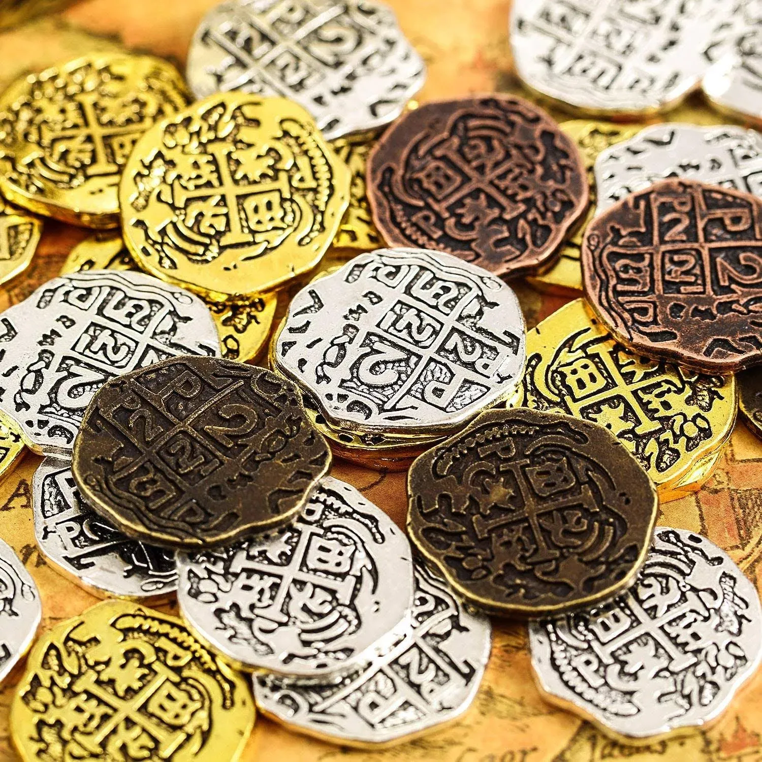 Hicarer 35 Pieces Metal Pirate Coins Chocolate Coins Pirate Gold Coins Fake Coins Pirate Treasure Coin Toys for Party Favor Decorations, Bronze, Red Antique Bronze, Antique Gold and Antique Silver