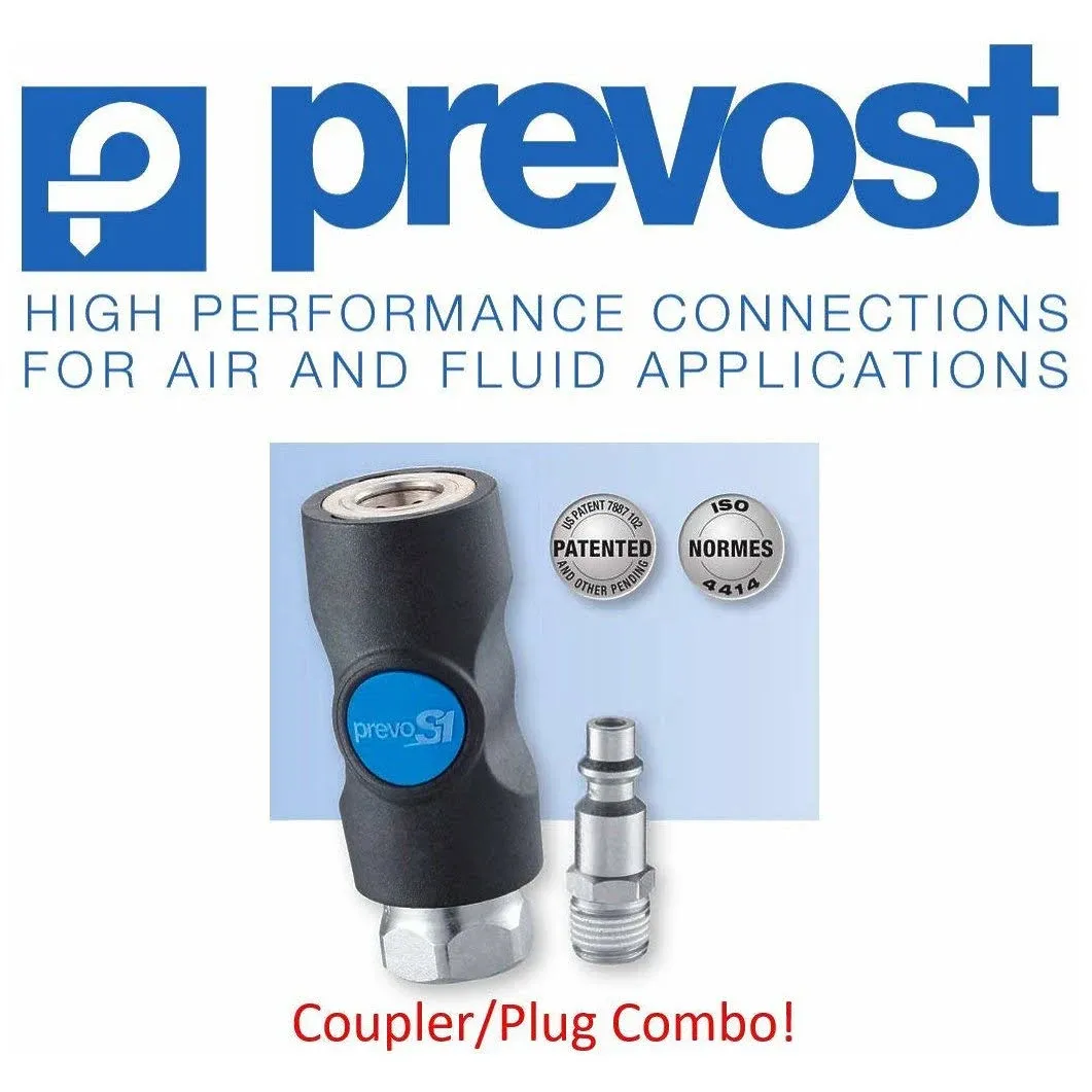 (1) Prevost ISI, 1/4”, Industrial Profile, Safety, Compressed Air, Coupler/Air Fitting, (1) Male Threaded Plug COMBO, 3 YR LEAK FREE WARRANTY – Retail Clip Packaged