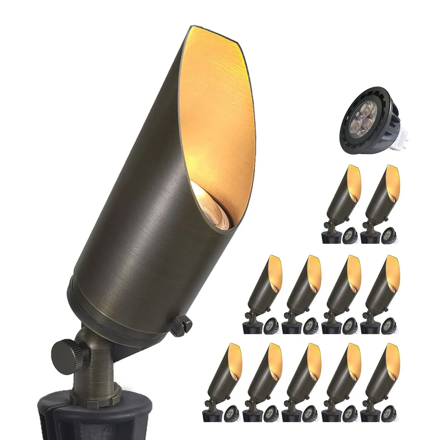 COLOER Brass Landscape Spotlights,12 Pack Spotlight Fixture Outdoor with 5W Aluminum Housing MR16 LED Bulb 2700K 450LM,12V AC/DC Low Voltage Landscape Lighting, Uplight for Garden and Patio(103B)