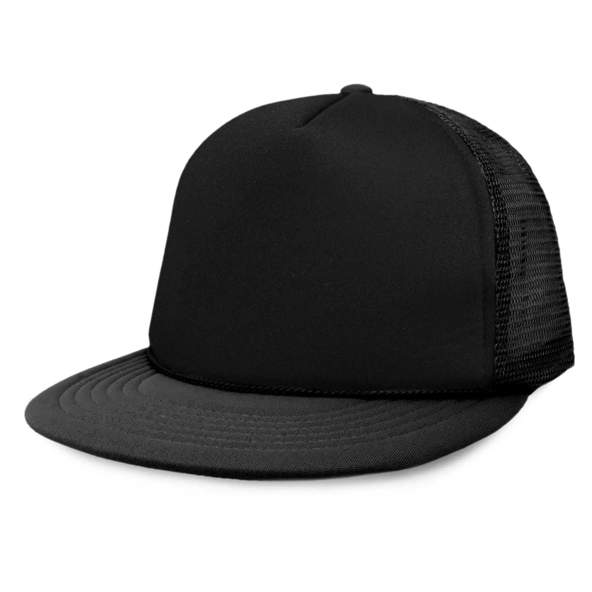 DALIX Flat Billed Trucker Hat Mesh Back S M L Adjustable Cap Solid Two Toned Snapback