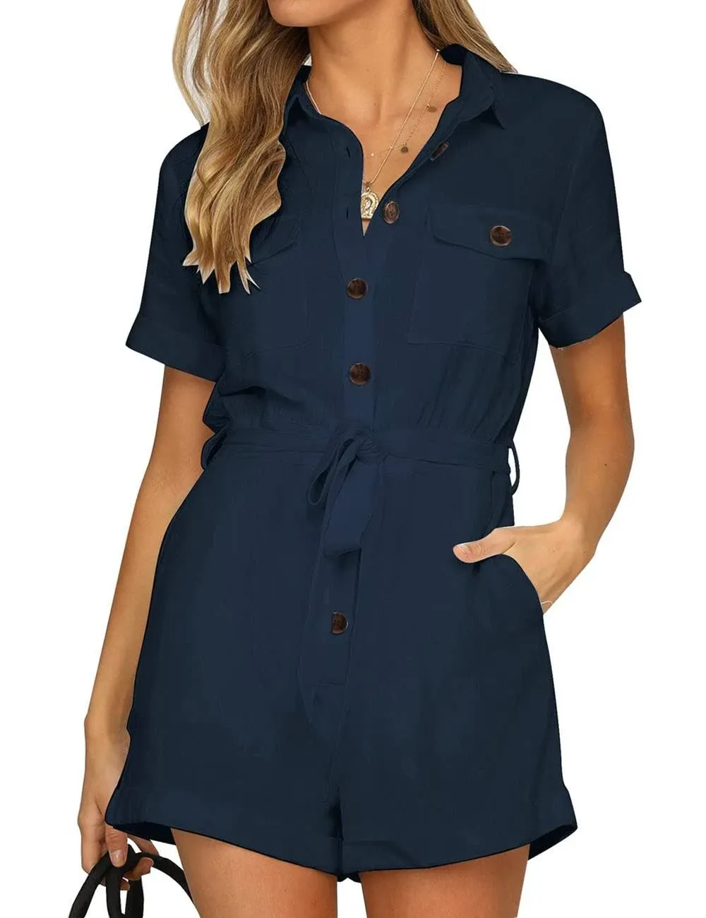 Vetinee Womens Summer Pockets Belted Romper Button Short Sleeve Jumpsuit Playsuit