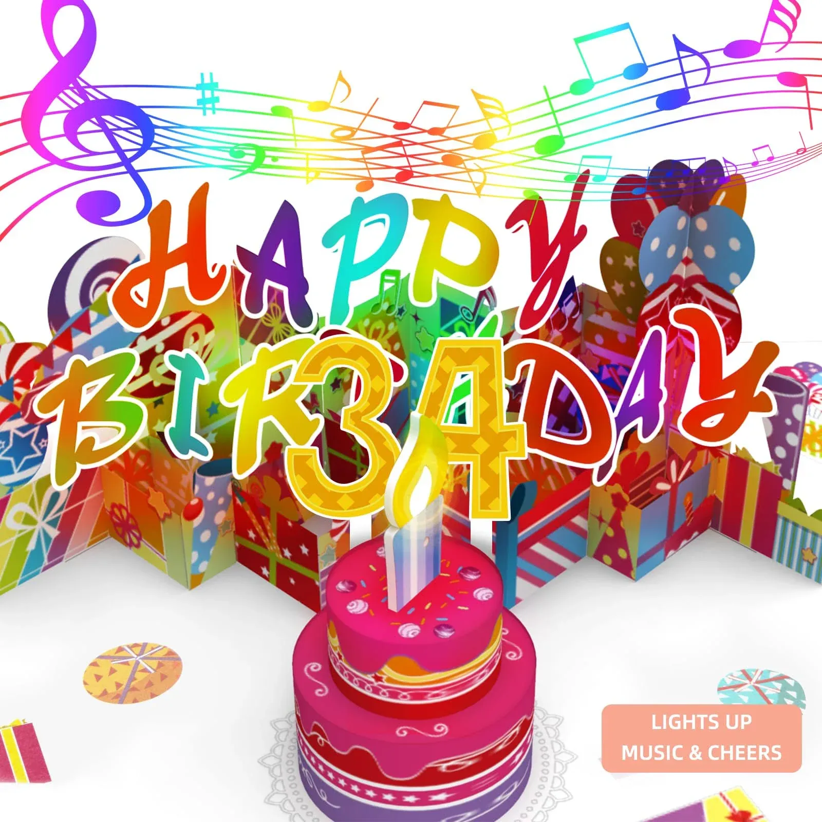 Gumry 34TH Musical Birthday PopUp Card, Blowable Colorful Light Candle 3D Cards with Song, Applause Cheers Sound, Greeting Cards Birthday Gifts Decorations for Women Men Turning 34 Years Old