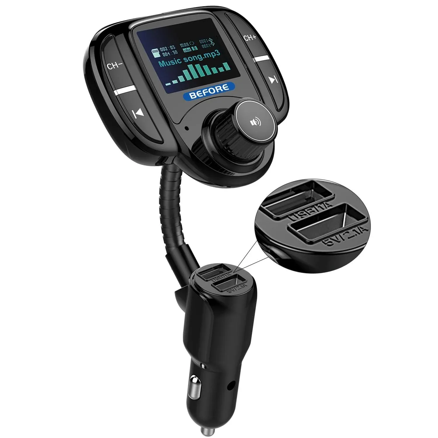 Transmissor FM Bluetooth (versão atualizada), kit adaptador de rádio sem fio para carro com tela de 1,44 polegadas, suporta cartão TF/SD e carregador USB para carro para todos os smartphones e reprodutores de áudio