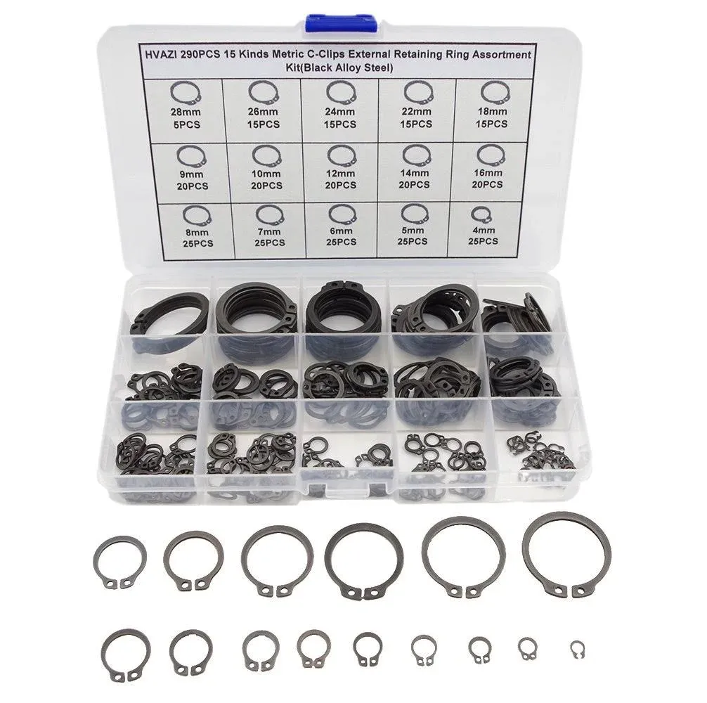 HVAZI 290pcs C-Clips External Retaining Ring Assortment Kit(Black Alloy Steel)