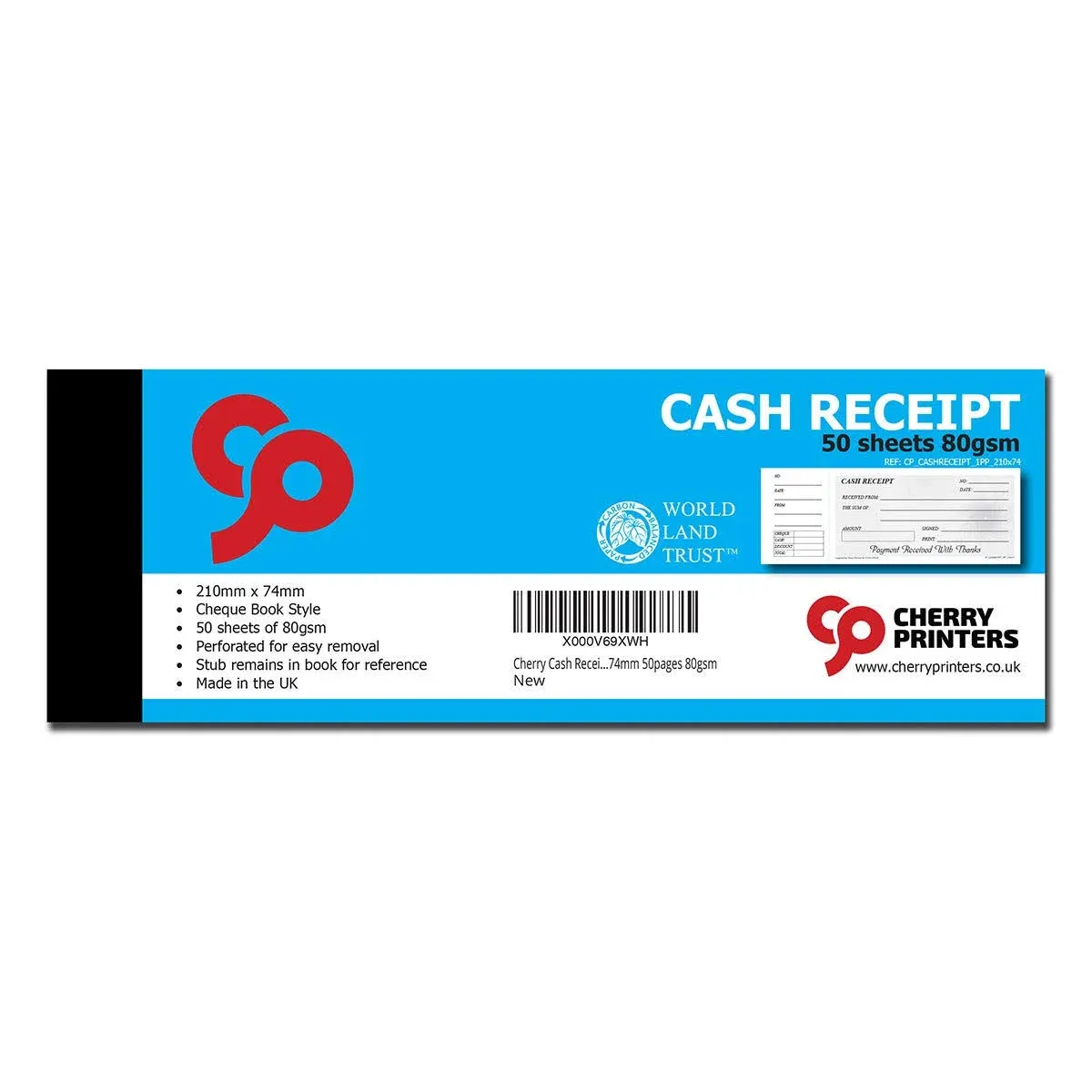 Cherry Cash Receipt Book - Check Book Style with Convenient Stub for Reference (8.26 x 2.91 Inches) 50 pages