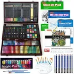 Shuttle Art 186 Piece Deluxe Art Set, Art Supplies in Wooden Case, Painting Drawing Art Kit with Acrylic Paint Pencils Oil Pastels Watercolor Cakes