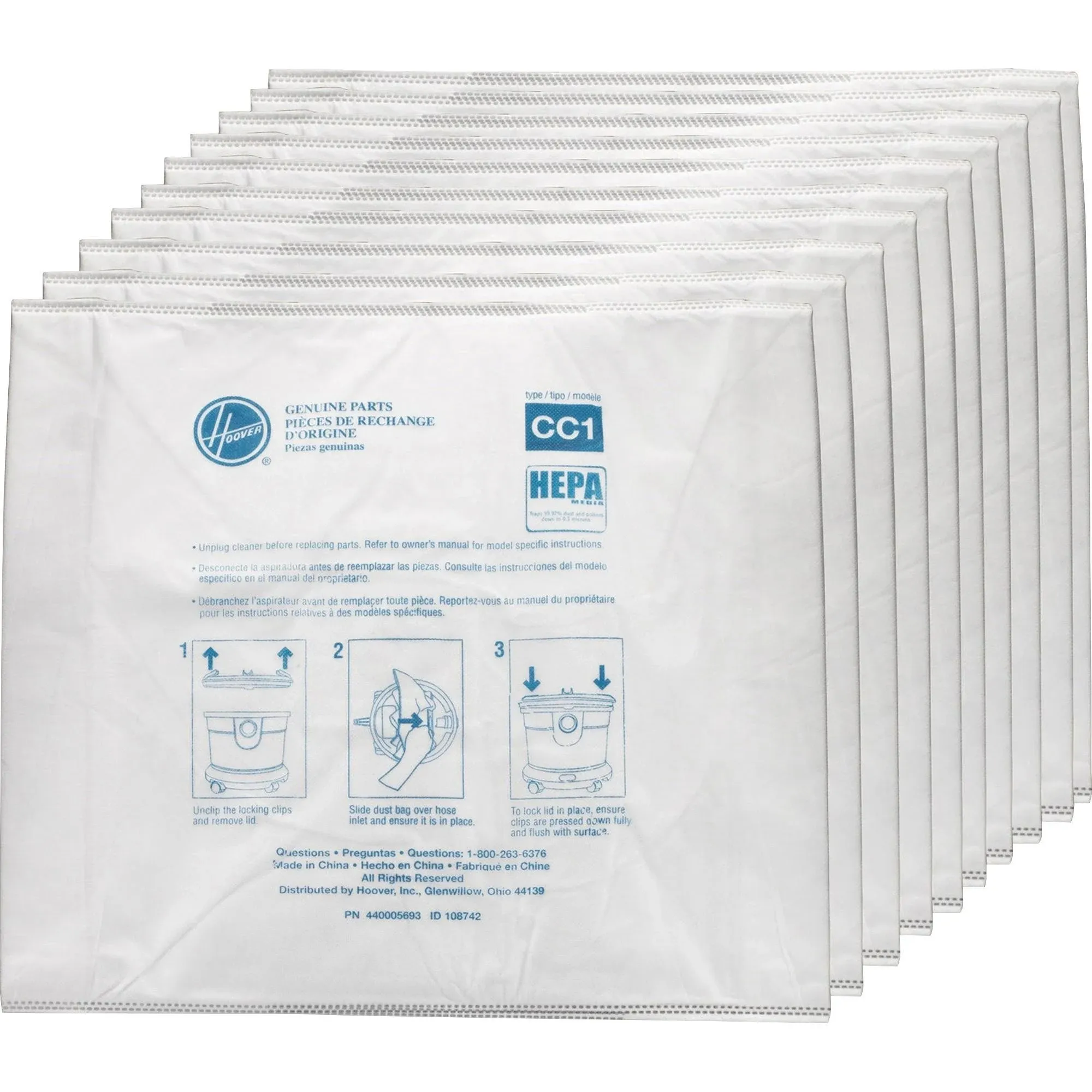 Hoover Disposable Vacuum Bags, HEPA CC1, 10/Pack