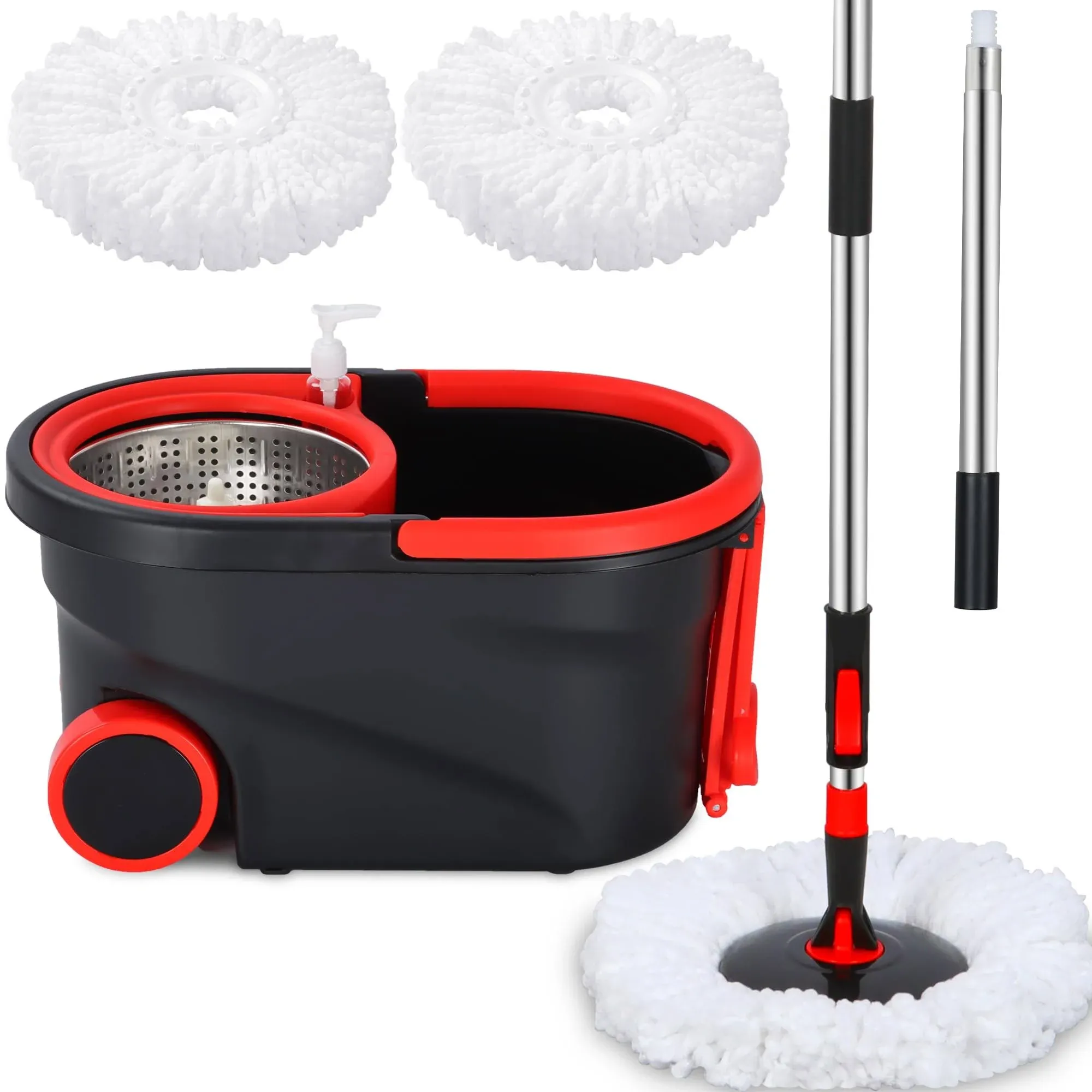 Spin Mop & Bucket, Hands Free Mop and Bucket Floor Cleaning Set, Mop Bucket with Wringer, 61 inches Telescopic Mop Rod, 3 Microfiber Mop Heads, Spinning Mop and Buckket Set for Home and Office Use