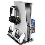 NexiGo PS5 Slient Cooling Stand with RGB LED Light, Dual Charging Station Compatible with DualSense Edge Controller, Hard Drive Slot, Headset and Remote Holders, 10 Game Slots, White