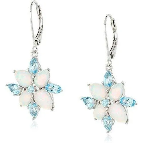 MORGAN & PAIGE Rhodium Plated Sterling Silver, Created Opal and Genuine Swiss Blue Topaz Flower 3-prong setting Leverback Dangle Earrings or 18" Pendant Necklace