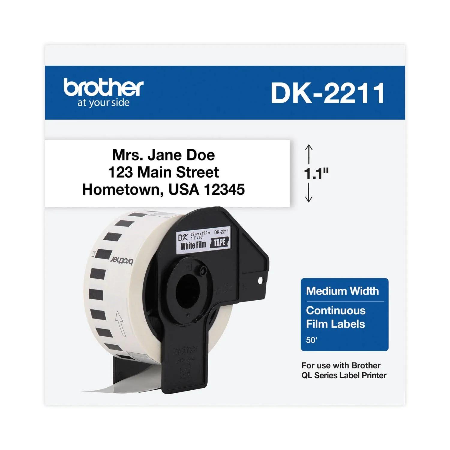 Brother Genuine DK-2211 Continuous Length Black on White Film Tape for Brother QL Label Printers, 1.1" x 50' (29mm x 15.2M), 1 Roll per Box, DK2211