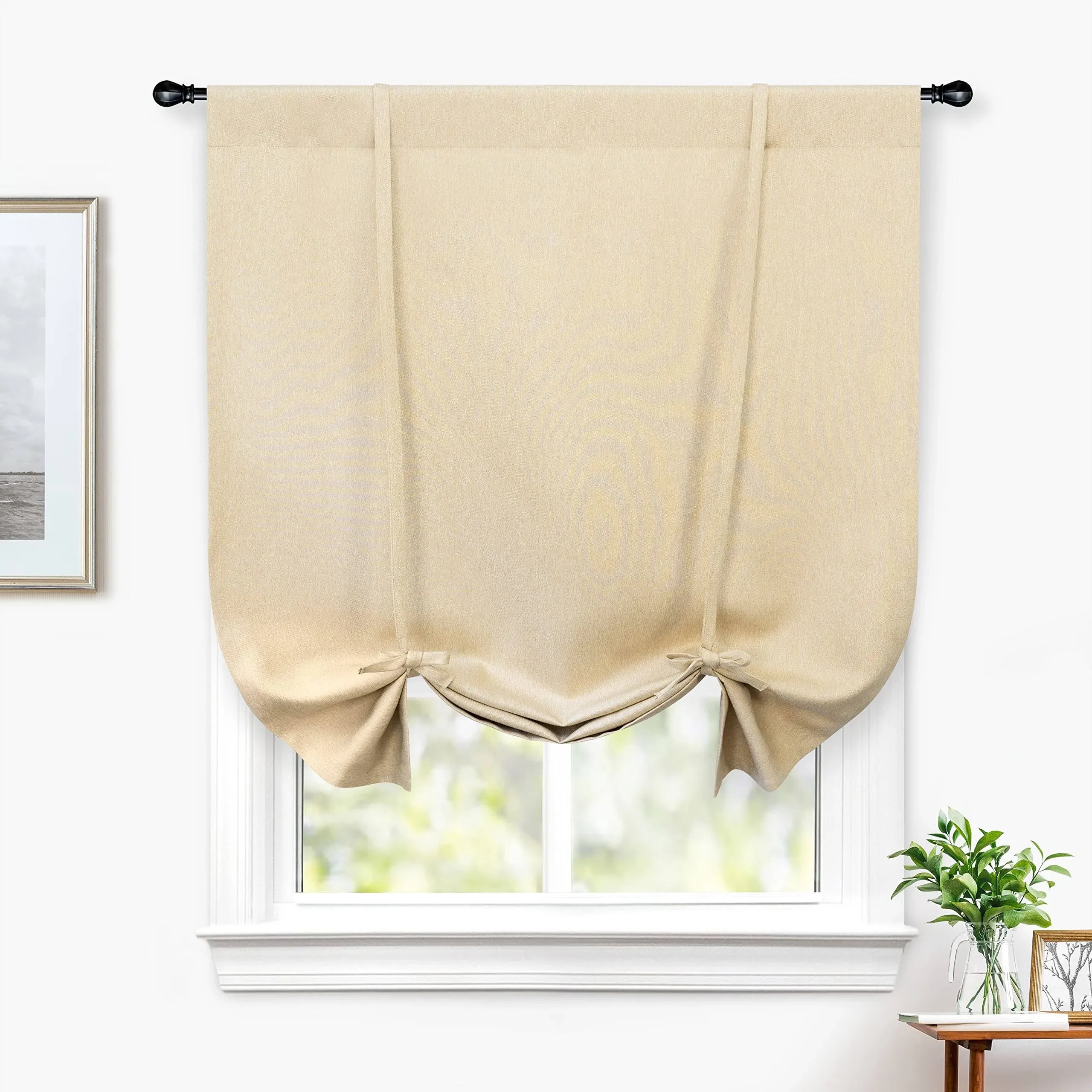 DriftAway Faux Linen Textured Solid Color Blackout Tie Up Curtain for Kitchen Adjustable Balloon Rod Pocket Window Curtains