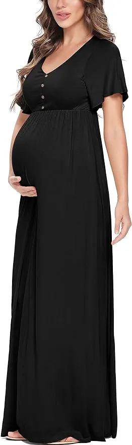 Peauty Maternity Maxi Dress Summer with Decorative Button (S-3XL)/Short Flutter Sleeve Flowy Dress Baby Shower Photoshoot