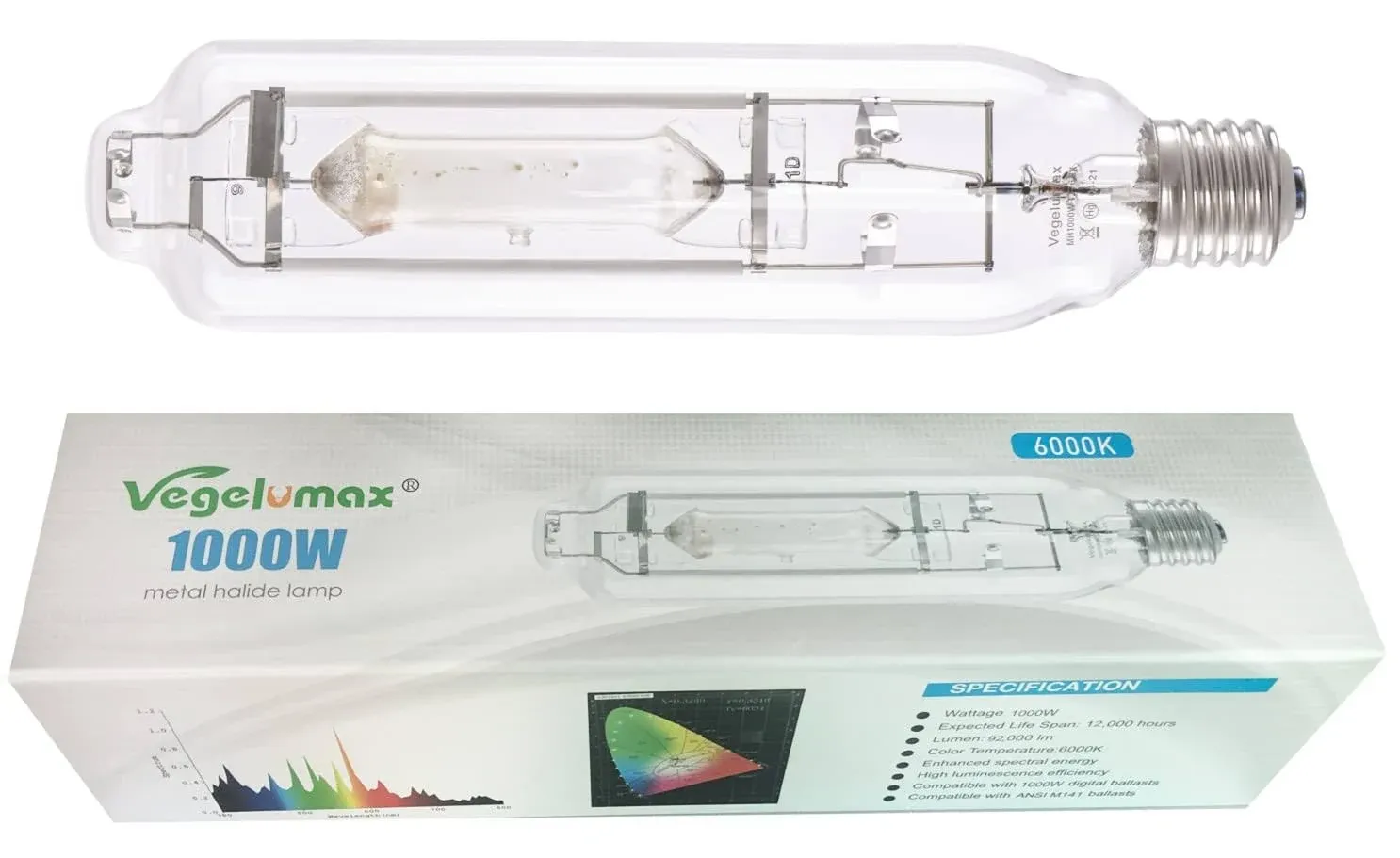 Vegelumax MH 1000W Metal Halide Single Ended HID Grow Light Bulb Lamp High PAR E