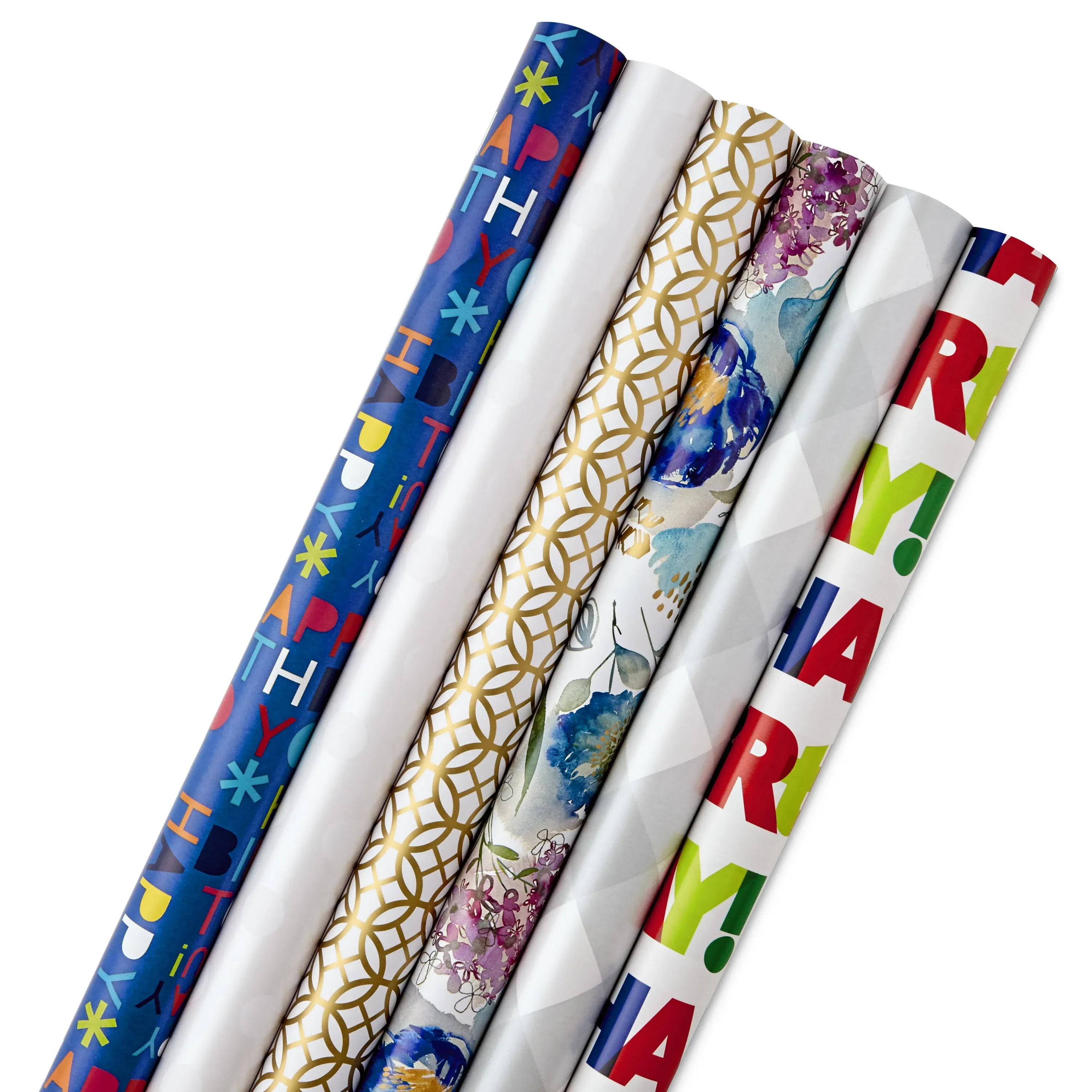 Hallmark Birthday Wrapping Paper Rolls for Graduation, Wedding, Baby Shower, Bridal Shower - Floral, White and Gold & Polka Dot Gift Wrap Paper (Set of 6 Assorted Rolls: 180 sq. ft. ttl.)