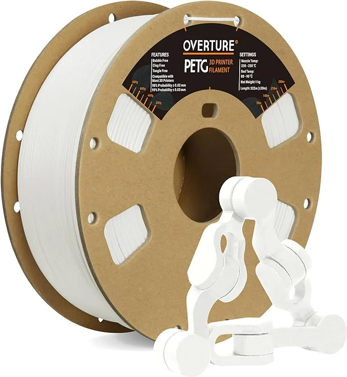 Overture PETG Filament 1.75mm, 3D Printer Filament, 1kg Filament (2.2lbs), Dimensional Accuracy 99% Probability +/- 0.03 mm, Fit