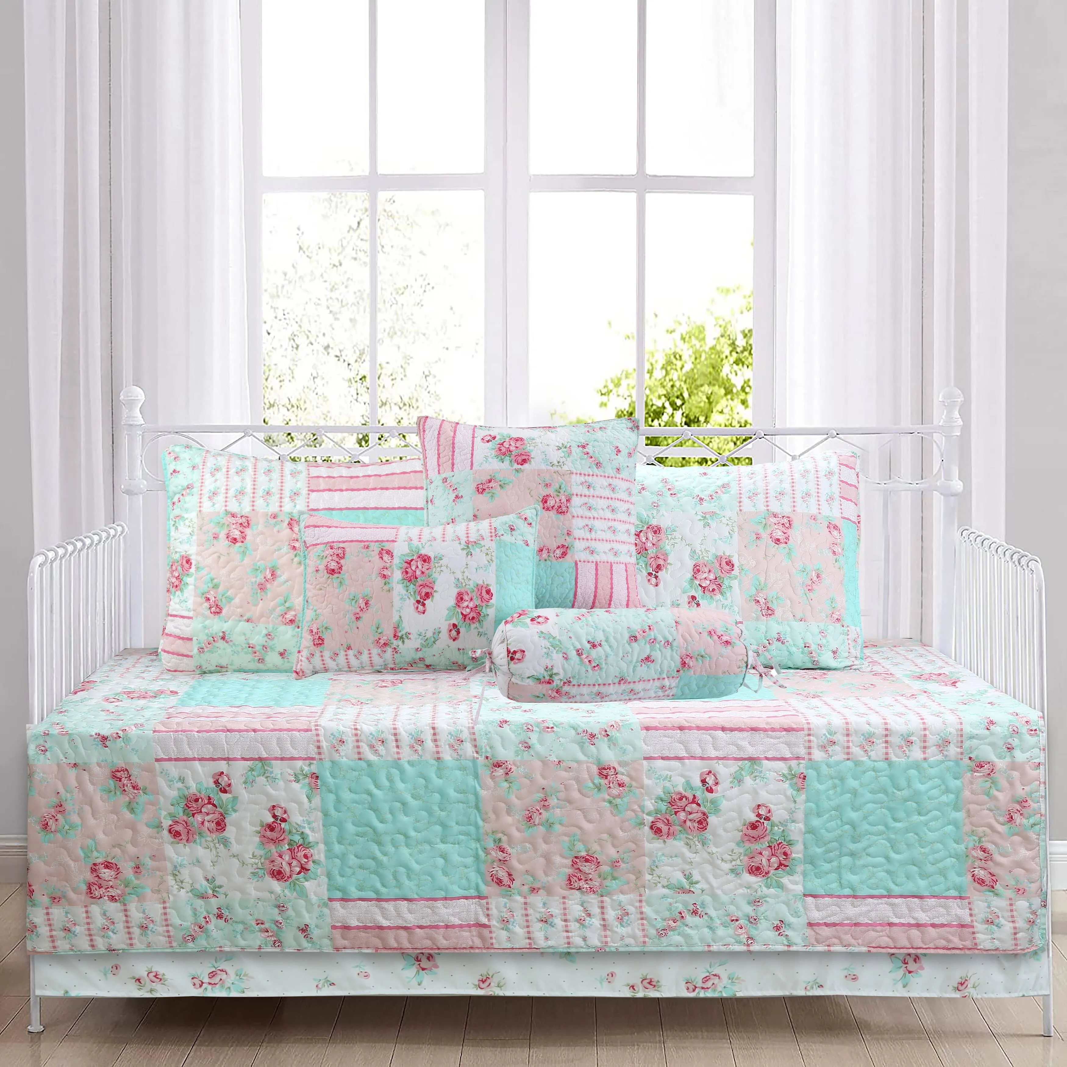 Cozy Line 7 Piece Daybed Cover Set - Pink Garden Bloom Floral Blue Rose Spring Reversible All Season Luxury Bedding with Bedskirt, Pillow Shams, Decorative Pillows