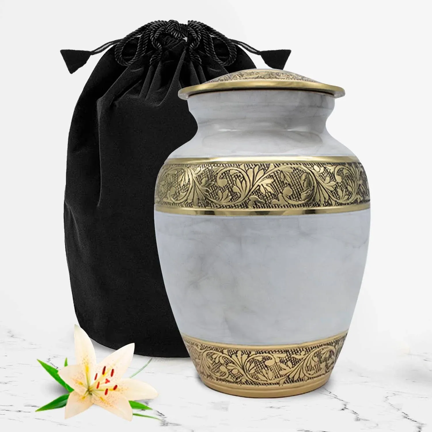 White Cremation Medium Urn - Human Ashes Urn with Velvet Bag - Handcrafted ...