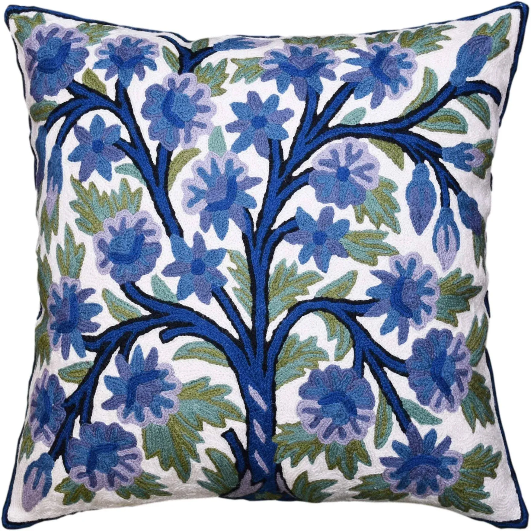 Indigo Blue Floral Pillow Cover Tree of Life Bloom Hand embroidered Wool 18x18" - Contemporary - Decorative Pillows - by Kashmir Fine Arts & Crafts | Houzz