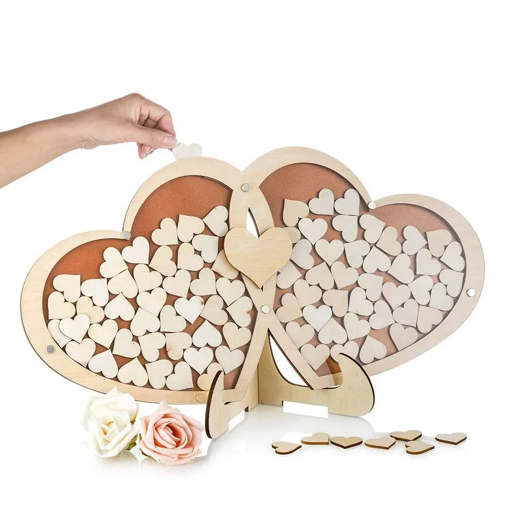 NUPTIO Unique Wedding Guest Book Alternative, Large Rustic Visitors Book with 100pcs Wooden Hearts, Wood Frame Drop Box Guestbooks with Stand Wedding Planner (Double Hearts Frame)