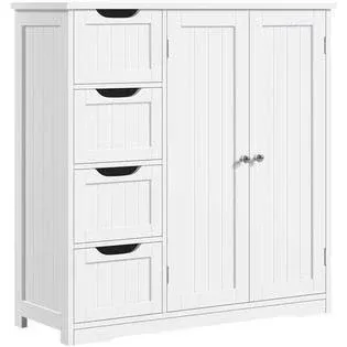 Wooden Floor Cabinet with 4 Drawers &amp; Double Doors, Large Storage Cabinet, White