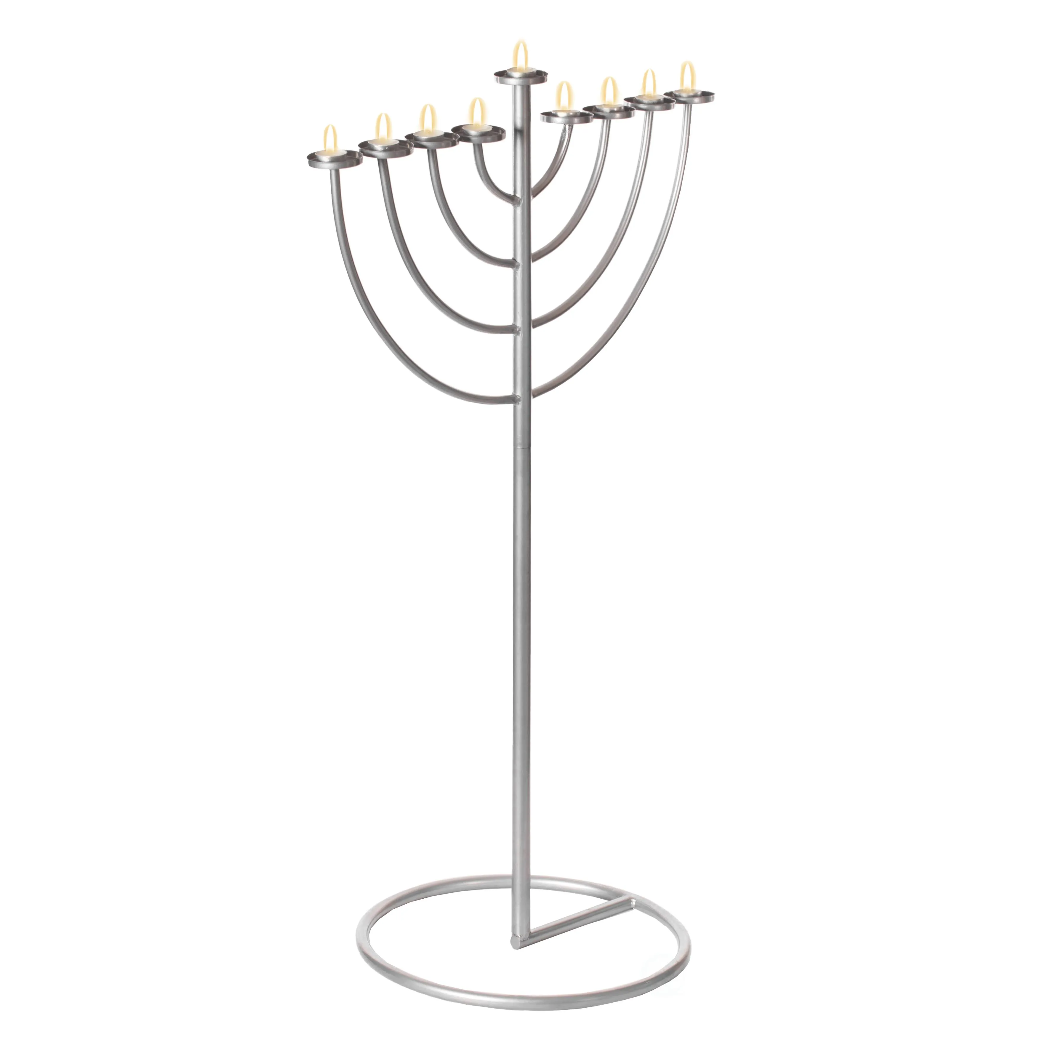 Large Modern Silver 9 Branch Lighting Thin Pipe Hanukkah Menorah, Metal-Aluminum