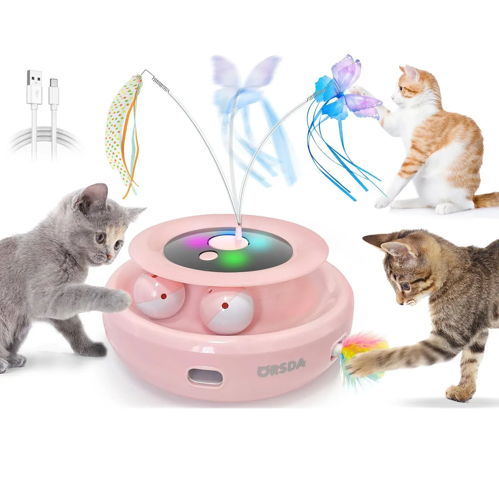 ORSDA Cat Toy, 3-in-1 Automatic Cat Toys for Indoor Cats, Electronic Whack a Mole, Fluttering Butterfly,Track Balls Kitten Toy, Rechargeable Power Interactive Feather Toys for All Breeds