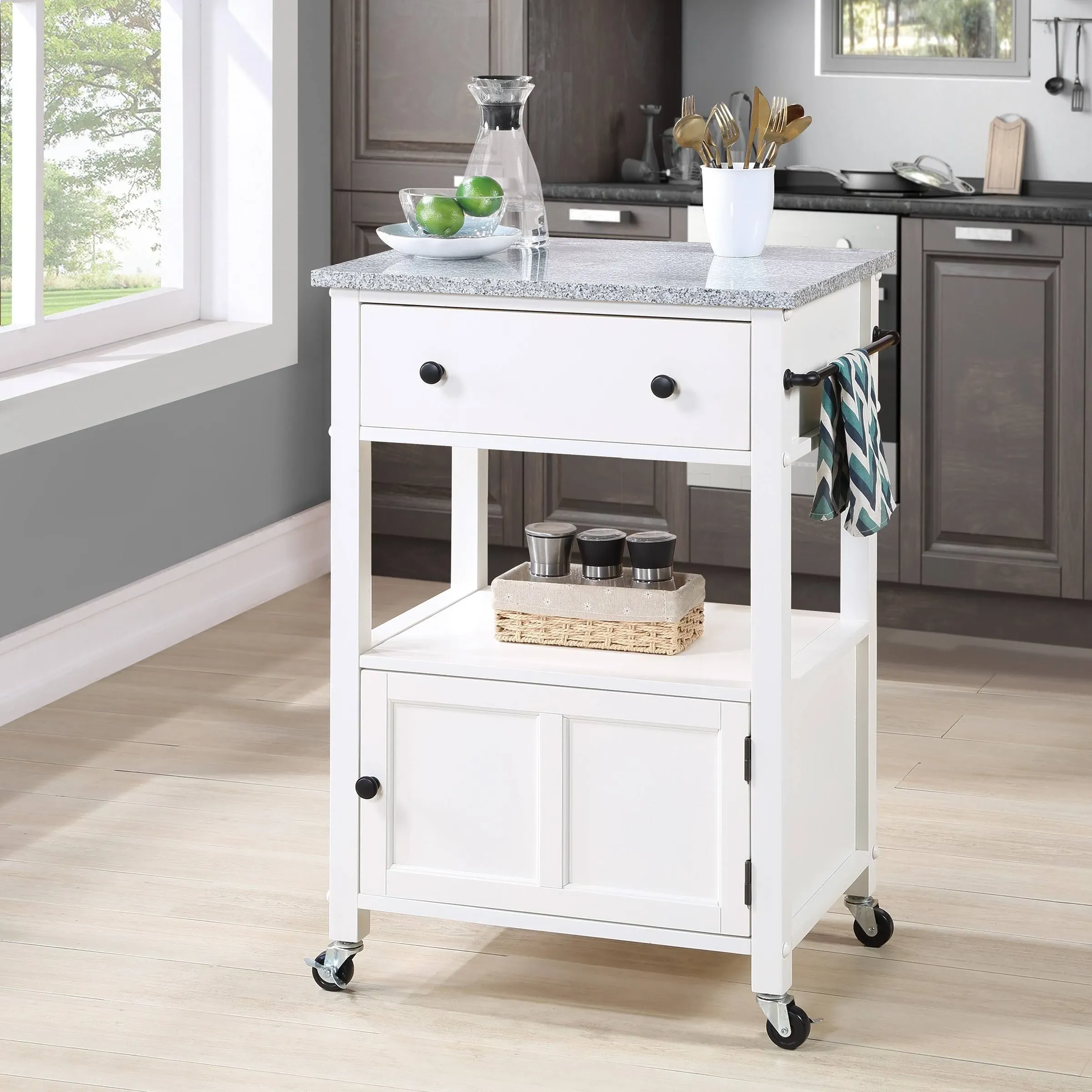 Fairfax Engineered Wood Kitchen Cart with Granite Top and Gray Base