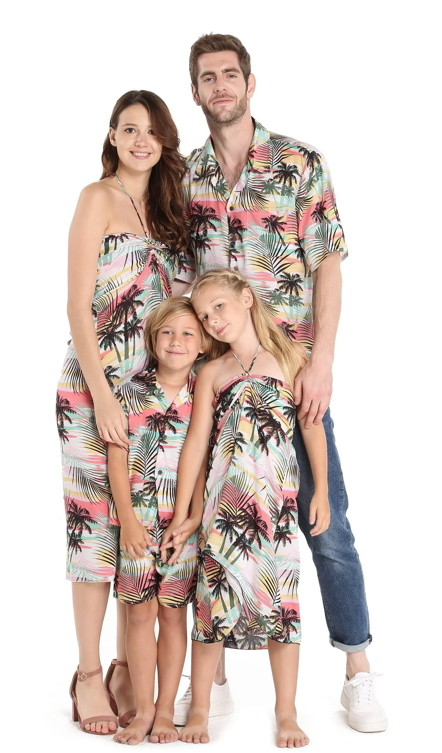 Matchable Family Hawaiian Luau Men Women Girl Boy Clothes in Neon Sunset Pink