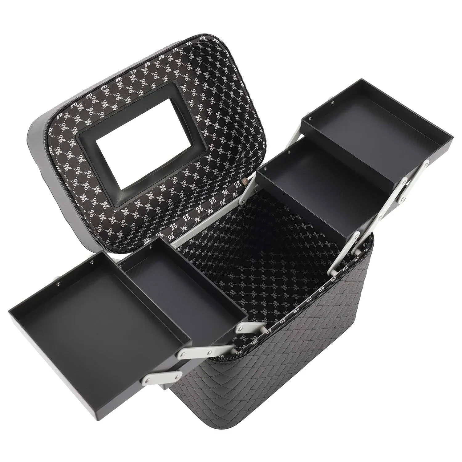 Foldable Tray Makeup Cosmetic Case with Mirror, 4 Layer Portable Toiletry Box