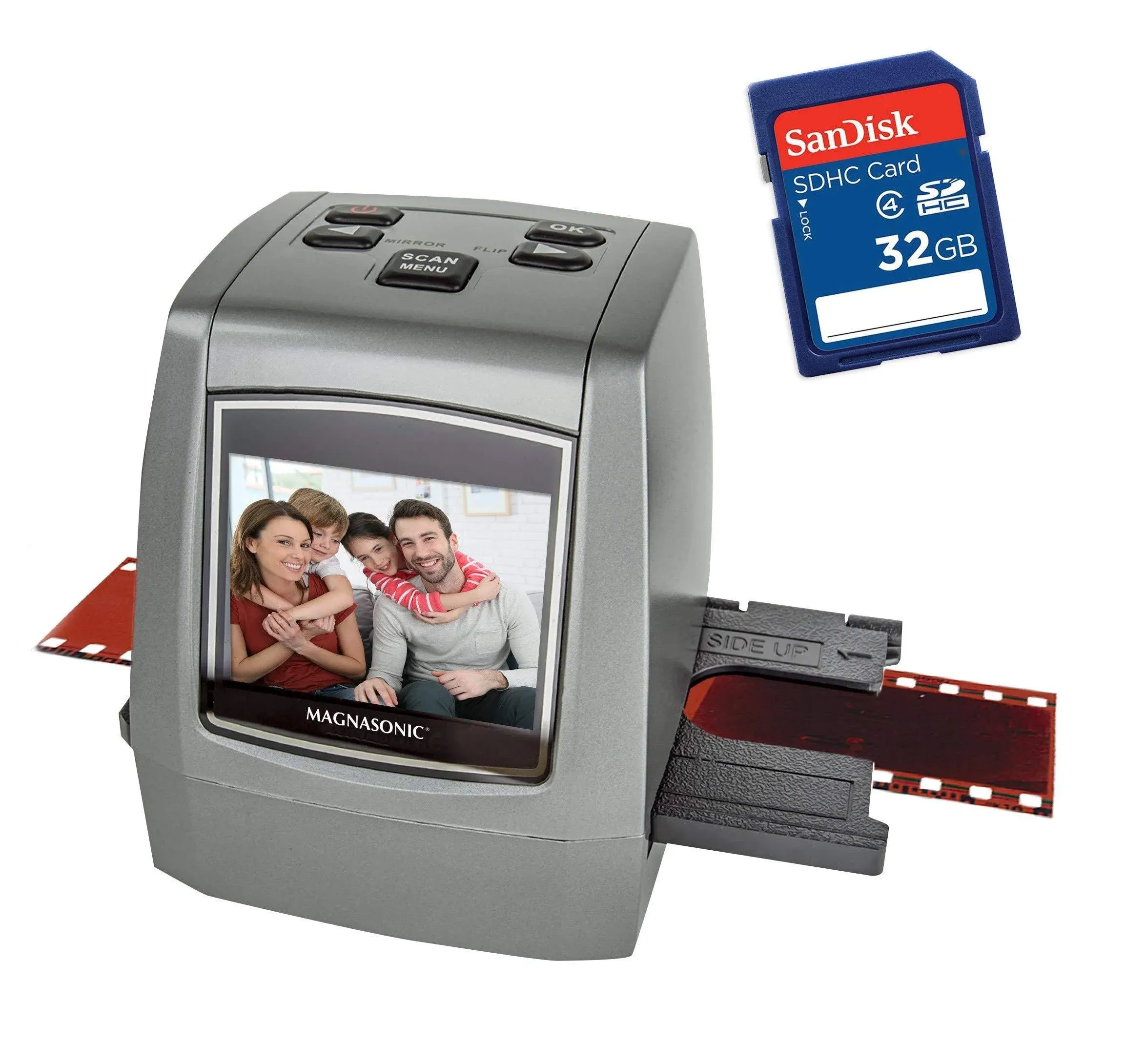 Magnasonic All-In-One High Resolution 24MP Film Scanner, Converts Film, Slides & Negatives, with Bonus 32GB SD Card - Silver