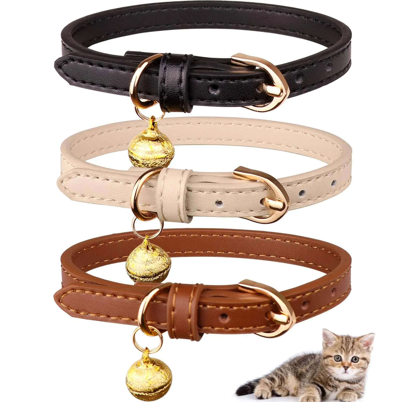 3 Pack Leather Cat Collars with Bells Soft Pet Safety Collar Kitten Collars with Bell Black Chocolate Beige(XS)