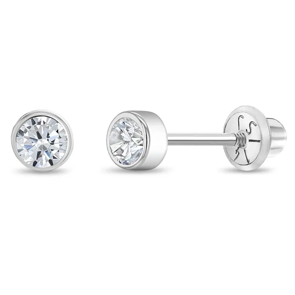 Bezel Set Simulated Diamond Toddler Screw Back Earrings 14K White Gold, Toddler ...