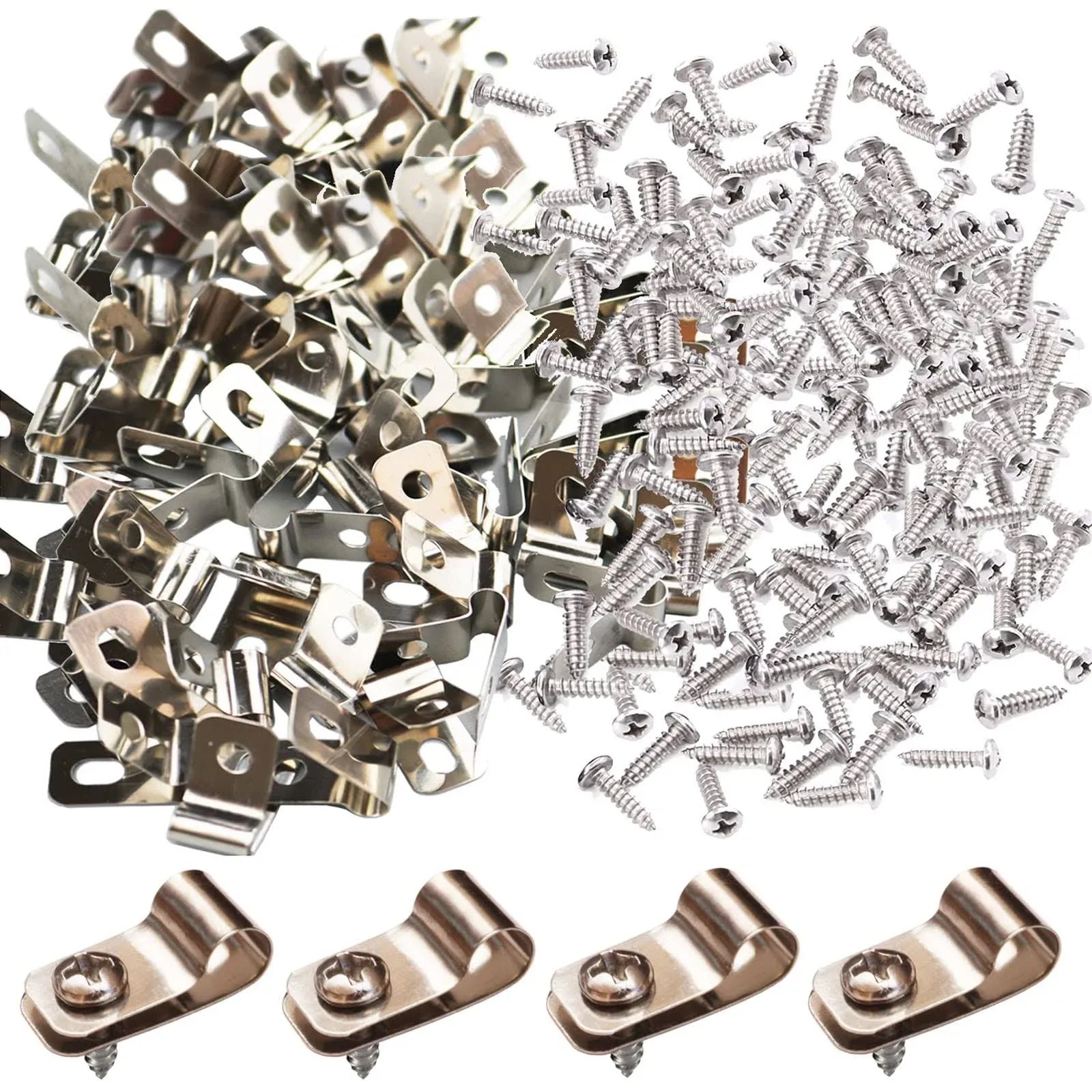 100 Pcs Fence Wire Clamps with 100 Pcs Screws for 2-6 Gauge Wire Fencing, Stainless Steel Wire Clips Mount Welded Wire to Vinyl, Wood or Metal Fence