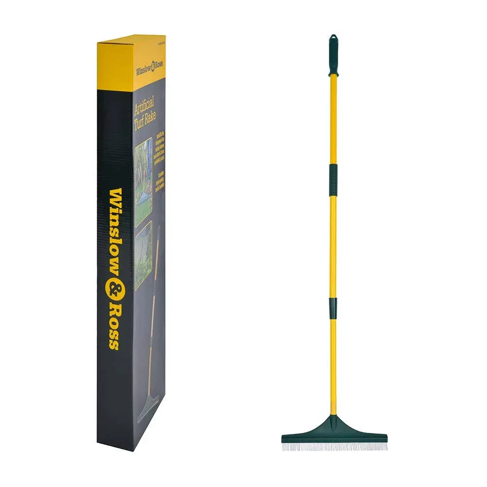 Artificial Turf Rake for Grass with 32” to 52” Adjustable Steel Pole Turf Rake,Easy Quick Remove Leaves, Shrubs, Pet Hairs, Debris from Turf, Synthetic Grass, Carpet, Lawn for Kids and Adults (Yellow)