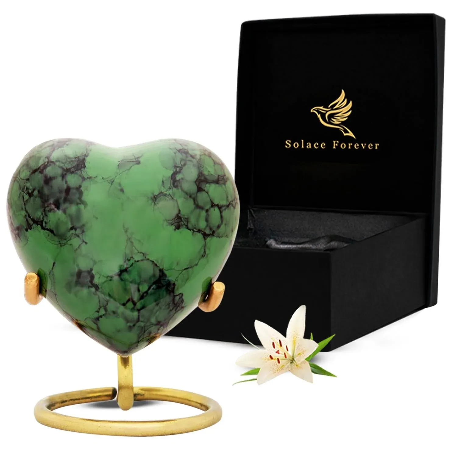 Green Heart Urn Keepsake - Mini Cremation with Stand &amp; 